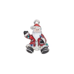 Charm, silver-plated "pewter" (zinc-based alloy) and enamel, multicolored, 18x14mm single-sided waving Santa with strand of lights and glitter. Sold individually.