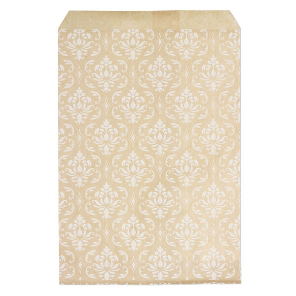 Bag, paper, brown and white, 7x5 inch rectangle with damask-print and scalloped top edge. Sold per pkg of 100. image number 0