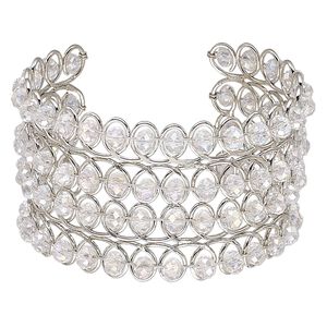 Bracelet, cuff, glass and imitation rhodium-plated steel, clear AB, 42mm wide with rondelle, adjustable from 7-8 inches. Sold individually.