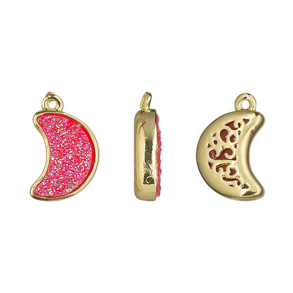 Drop, Druzylite™, "druzy" (resin) and gold-finished brass, hot pink, 14x10mm two-sided moon with open filigree back. Sold per pkg of 4. image number 0