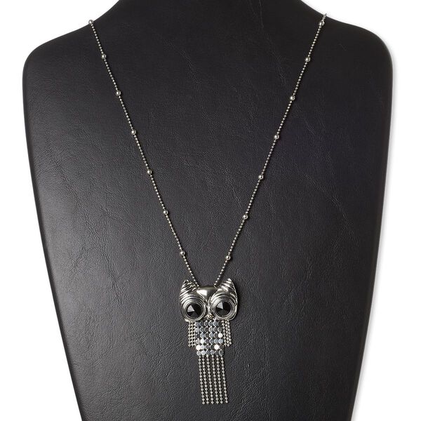 Necklace, glass rhinestone / silver-plated brass / steel / antique silver-plated "pewter" (zinc-based alloy), black, 3 x 1-1/3 inch owl, 27 inches with 3-inch extender chain and lobster claw clasp. Sold individually. image number 0