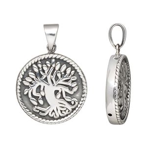 Pendant, antiqued fine silver and sterling silver, electroformed, 21mm single-sided round with tree of life design. Sold individually.