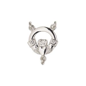 Connector, Britannia pewter (tin-based alloy), 16x15mm single-sided diamond-cut Claddagh rosary. Sold individually.