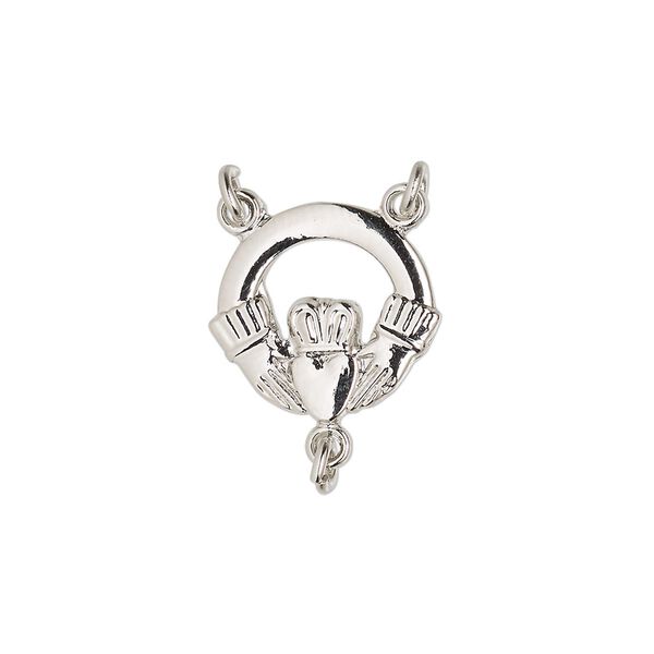 Connector, Britannia pewter (tin-based alloy), 16x15mm single-sided diamond-cut Claddagh rosary. Sold individually. image number 0