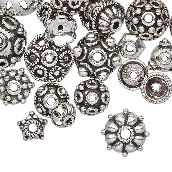 Bead cap mix, antiqued sterling silver, 6x3mm-16x8mm mixed shape. Sold per 50-gram pkg, approximately 50-55 bead caps. image number 1
