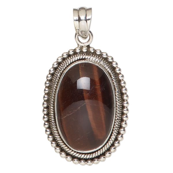 Pendant, red tigereye (heated) and antiqued sterling silver, 35x25mm beaded oval. Sold individually. image number 0