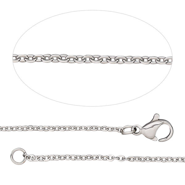 Chain, stainless steel, 1.6mm cable, adjustable at 16 and 18 inches with lobster claw clasp. Sold individually. image number 0