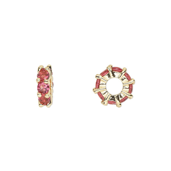 Bead, cubic zirconia and gold-plated brass, fuchsia, 10.5x3.5mm rondelle. Sold per pkg of 2. image number 0