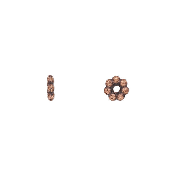 Bead, antique copper-plated "pewter" (zinc-based alloy), 6x2mm double-sided beaded rondelle. Sold per pkg of 100. image number 0