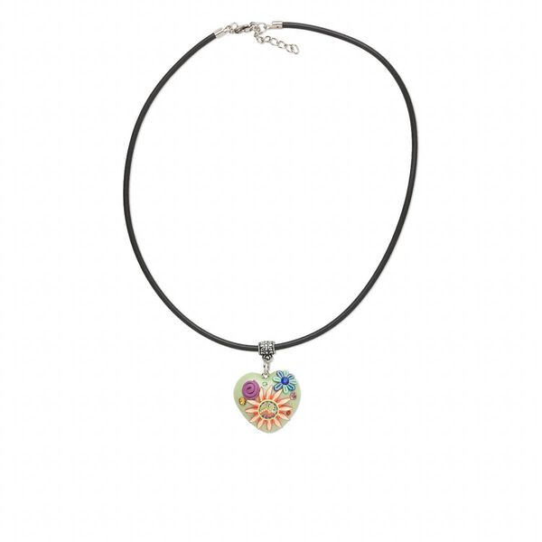 Necklace, polymer clay / rubber / glass rhinestone / imitation rhodium-finished brass / steel, multicolored, 33x31mm single-sided heart with sun / flower / swirl design, 16 inches with 2-inch extender chain and lobster claw clasp. Sold individually. image number 0