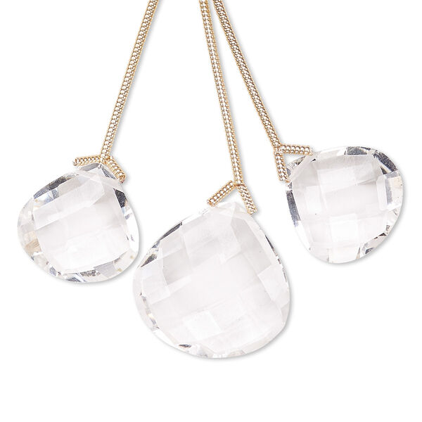Bead, quartz crystal (natural), 14x14mm and 18x18mm hand-cut top-drilled faceted pear, B grade, Mohs hardness 7. Sold per pkg of 3 beads. image number 0