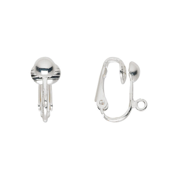 Earring, clip-on, silver-plated steel, 16mm hinged with half ball and open loop. Sold per pkg of 5 pairs. image number 0