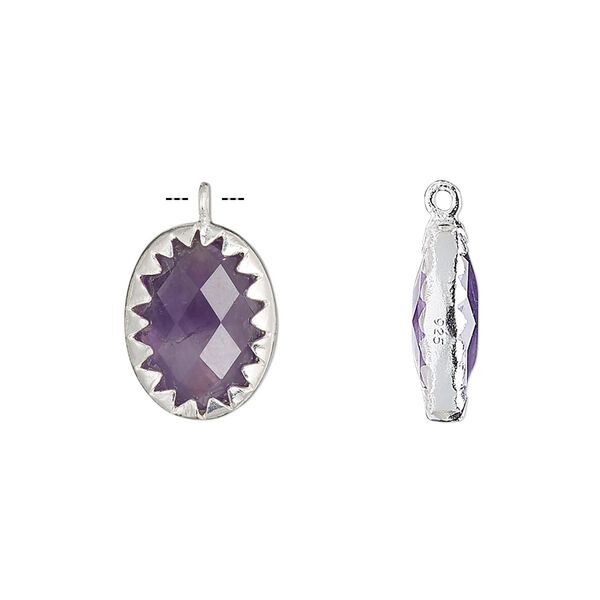 Drop, amethyst (natural) and sterling silver, 15x11mm double-sided faceted oval. Sold individually. image number 0
