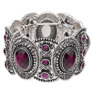 Bracelet, stretch, acrylic and antique silver-finished "pewter" (zinc-based alloy), purple, 38mm wide with oval design, 6 inches. Sold individually.