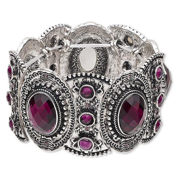 Bracelet, stretch, acrylic and antique silver-finished "pewter" (zinc-based alloy), purple, 38mm wide with oval design, 6 inches. Sold individually. image number 0