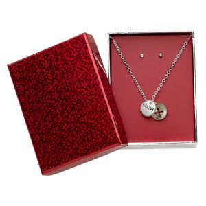 Necklace and earring set, glass rhinestone / silver-finished steel / gold- / silver-finished "pewter" (zinc-based alloy), clear, 13mm round with "FAITH" and cross cutout, 15" to 16" necklace with 3-inch extender chain and lobster claw clasp, 3mm round with post. Sold per set.