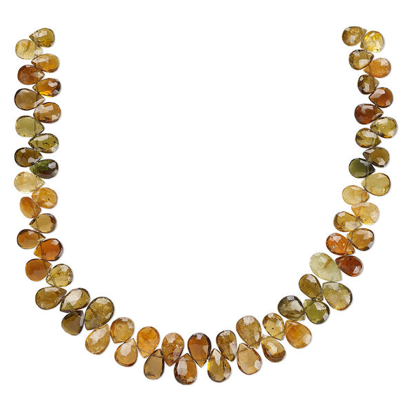 Bead, amber-green tourmaline (natural), 7x5mm-8x6mm hand-cut faceted teardrop, B+ grade, Mohs hardness 7 to 7-1/2. Sold per 8-inch strand, approximately 60 beads. image number 0
