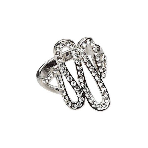 Ring, rhodium-finished "pewter" (zinc-based alloy) and glass rhinestone, clear, 25.5mm wide with looping swirl design, size 8. Sold individually. image number 0