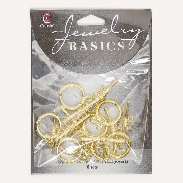Clasp, 2-strand toggle, gold-finished brass, 16mm wrapped round. Sold per pkg of 8. image number 0