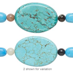 Bead mix, "turquoise" (imitation) resin and multi-gemstone (natural / dyed / heated), blue / light blue / blue-green, 6mm round / small nugget / 35x25mm flat oval. Sold per pkg of 7.