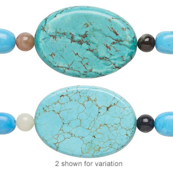 Bead mix, "turquoise" (imitation) resin and multi-gemstone (natural / dyed / heated), blue / light blue / blue-green, 6mm round / small nugget / 35x25mm flat oval. Sold per pkg of 7. image number 0