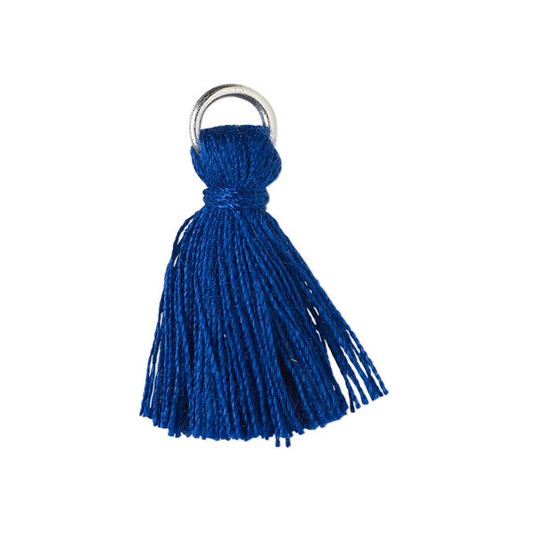 Tassel, cotton and imitation rhodium-finished steel, dark blue, 20-24mm mini tassel with 6mm open jump ring. Sold per pkg of 6. image number 0