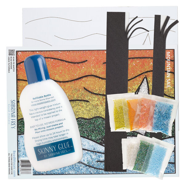 Sabrina Frey Bead Mosaic&trade; Starter Kit, glass / medium-density fiberboard / glue, pkg/1, multicolored, 8x10 inches with "Mountain Sail (sailboat)" design. image number 1