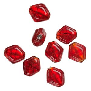 Bead, lampworked glass, opaque red, 16x15mm-14x12mm puffed kite with silver-colored foil. Sold per pkg of 8.