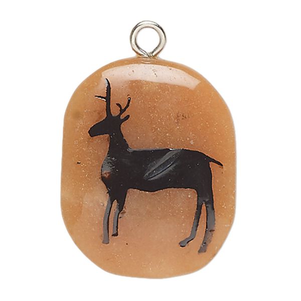 Focal, red aventurine (natural) / enamel / silver-finished steel, black, 33x26mm puffed freeform with deer, B grade, Mohs hardness 7. Sold individually. image number 0
