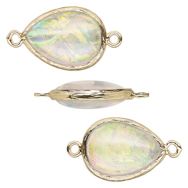 Link, Opalized Ice™, "opal" (resin) and gold-finished brass, white, 19.5x15mm double-sided teardrop. Sold per pkg of 4. image number 0