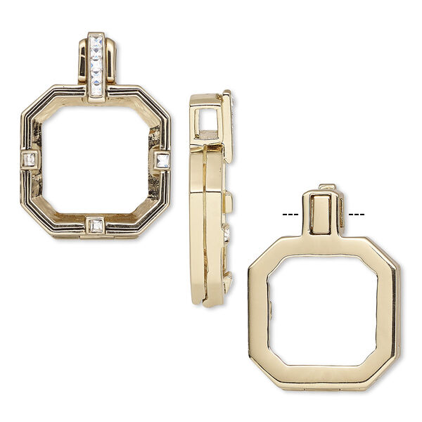 Pendant, Almost Instant Jewelry®, gold-finished brass and rubber, crystal clear, 34x25.5mm single-sided hinged square with 23mm square setting. Sold individually. image number 0