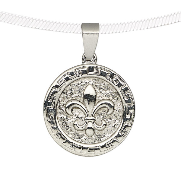 Pendant, stainless steel, 24mm single-sided matte and shiny coin with fleur-de-lis. Sold individually. image number 0