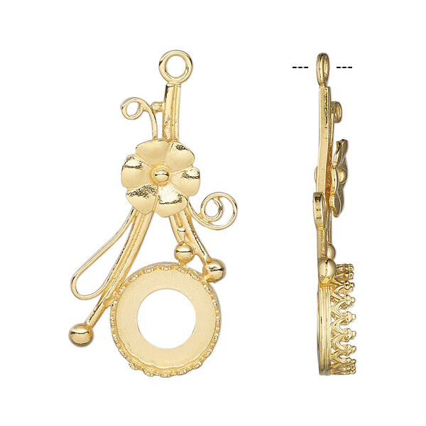 Drop, JBB Findings, gold-plated brass, 30x17mm single-sided with flower and SS47 rivoli bezel setting. Sold individually. image number 0