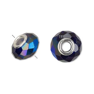 Bead 10pk 32 facets cobalt blue AB silver plate, Celestial Crystal® Dione® 14x9mm rondelle