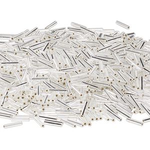 Bead, Miyuki, bugle bead, glass, pkg/250 g, 9x1.9mm center-drilled, silver-lined translucent crystal clear, silver, (RBU-0001).