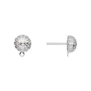Earstud 1pkg10 silver-plated, 8mm filigree domed / closed loop, brass / stainless steel 5 pair
