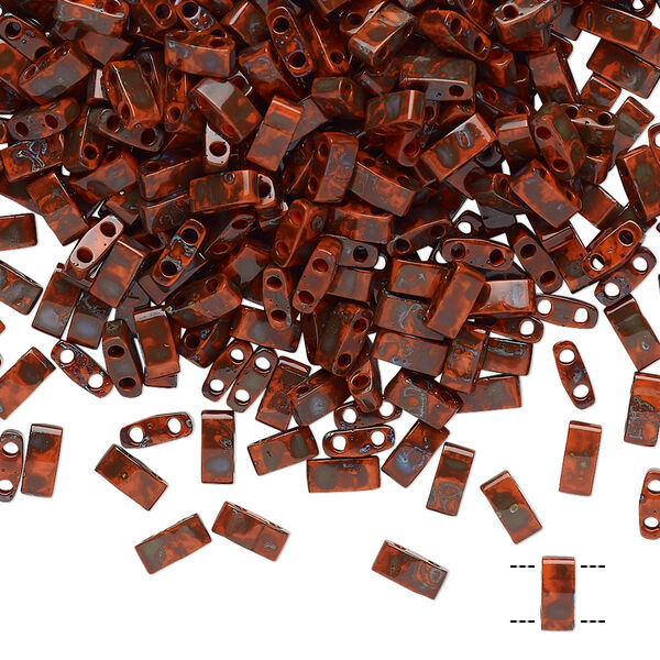Seed bead, TILA®, glass, pkg/250g, 5x2.3mm half tila rectangle, opaque Picasso red, (HTL-4520). image number 0