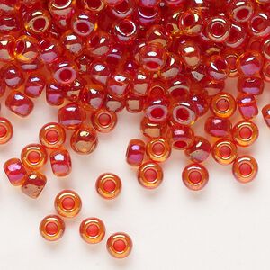 Seed bead, Miyuki, glass, pkg/25g, #6 rocaille, translucent scarlet-lined luster crystal clear (RR-3528).