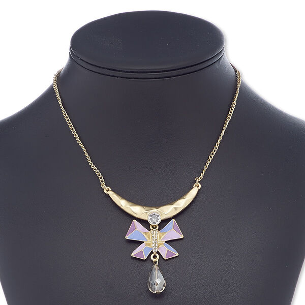 Necklace, glass rhinestone / enamel / glass / gold-finished steel / "pewter" (zinc-based alloy), multicolored, 61x55mm matte with butterfly, 16 inches with 2-inch extender chain and lobster claw clasp. Sold individually. image number 0
