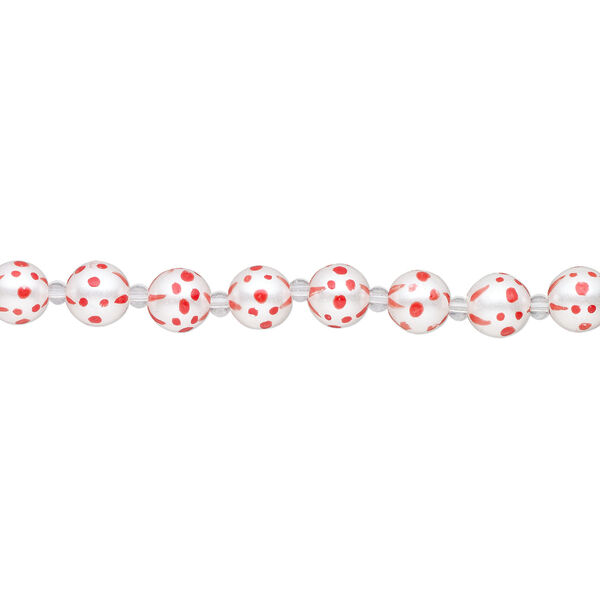 Bead, glass 1pkg8, opaque red and white, 12mm hand-painted round. image number 1