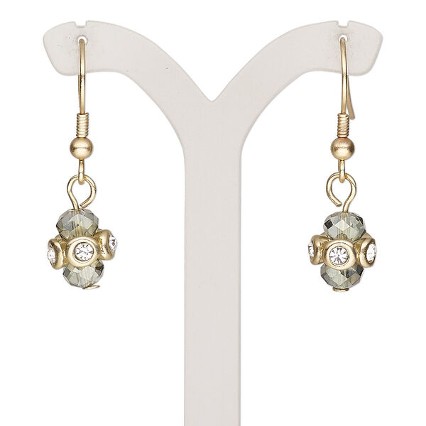 Earring, glass / glass rhinestone / gold-finished brass / steel / "pewter" (zinc-based alloy), grey and clear, 1-1/2 inches with freeform and fishhook ear wire. Sold per pair. image number 0