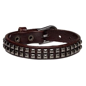 Bracelet, leather (dyed) and gunmetal-plated steel, brown, 13mm wide with square studs, adjustable from 6 to 7-1/2 inches with buckle-style closure. Sold individually.