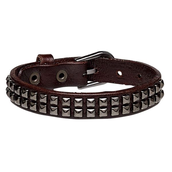 Bracelet, leather (dyed) and gunmetal-plated steel, brown, 13mm wide with square studs, adjustable from 6 to 7-1/2 inches with buckle-style closure. Sold individually. image number 0