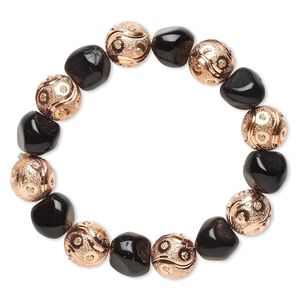 Bracelet, stretch, glass and copper-finished brass, black, 12mm stardust round and small nugget, 6 inches. Sold individually.