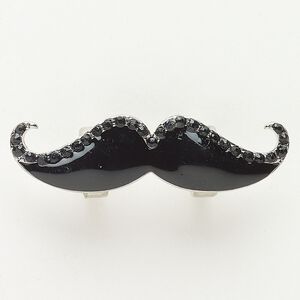 Bead, slide, brass / glass / enamel, pkg/1, 49x14mm mustache with 2 loops, antique silver finish and black.
