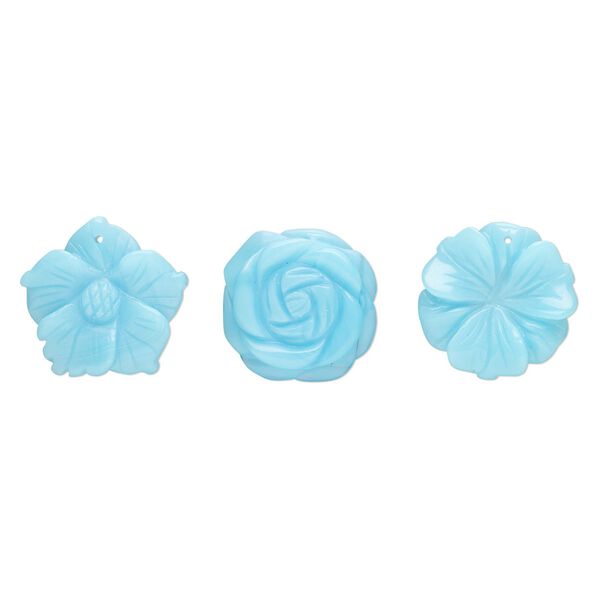 Focal mix, glass, translucent light blue, 34x31mm-34x34mm top-drilled carved flower. Sold per pkg of 3. image number 0