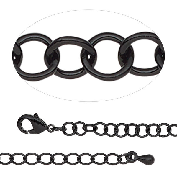 Chain, black-finished steel and brass, 3.8mm round cable, 18 inches with 2-inch extender chain and lobster claw clasp. Sold individually. image number 0
