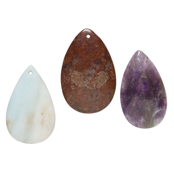 Multi-gemstone 1pkg3, top-drilled puffed teardrop flatback focal mix 47x29mm-54x36mm image number 0