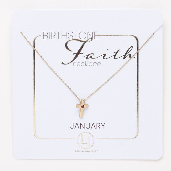 Necklace, steel and glass, pkg/16 inches with lobster claw clasp and 3-inch extender chain, 10x7mm January birthstone cross, gold finish and garnet red. image number 0