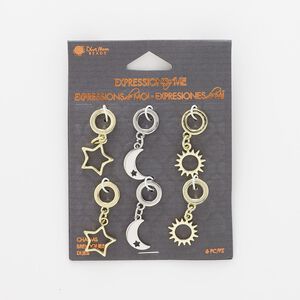 Focal mix, silver- / gold-finished "pewter" (zinc-based alloy) / steel, (2) 33x15mm open star / (2) 31x12mm moon with cutout star / (2) 32x14mm open sun with 6.5mm hole. Sold per pkg of 6.